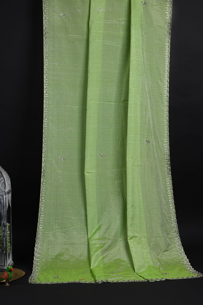 Soft Green Embroidered Cotton Saree