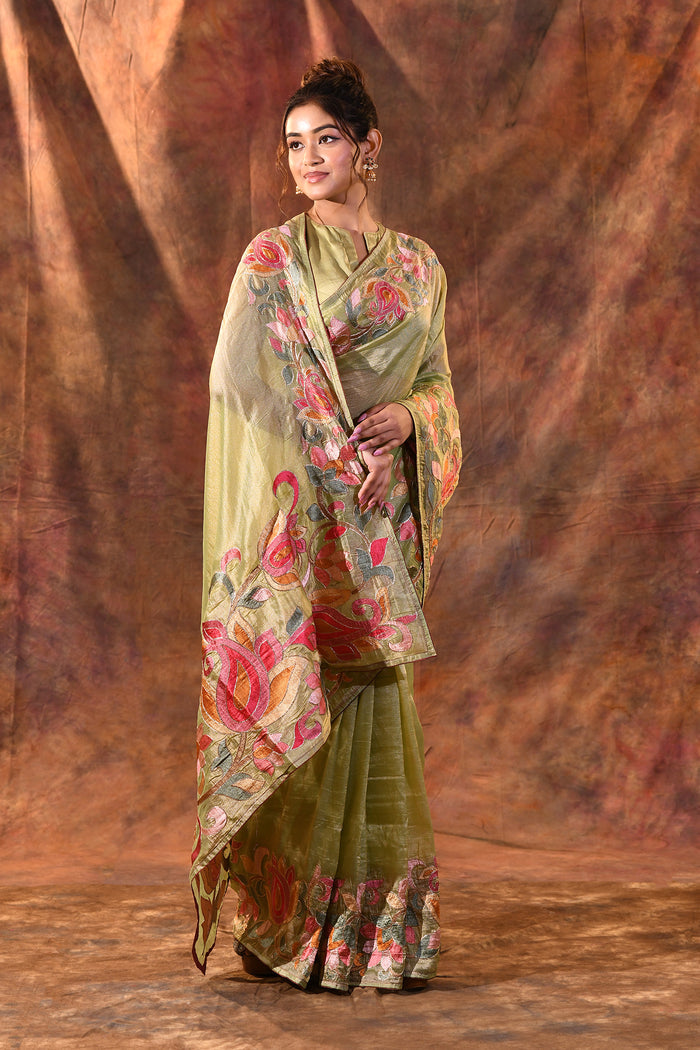 Soft Green Floral Embroidered Tissue Silk Saree