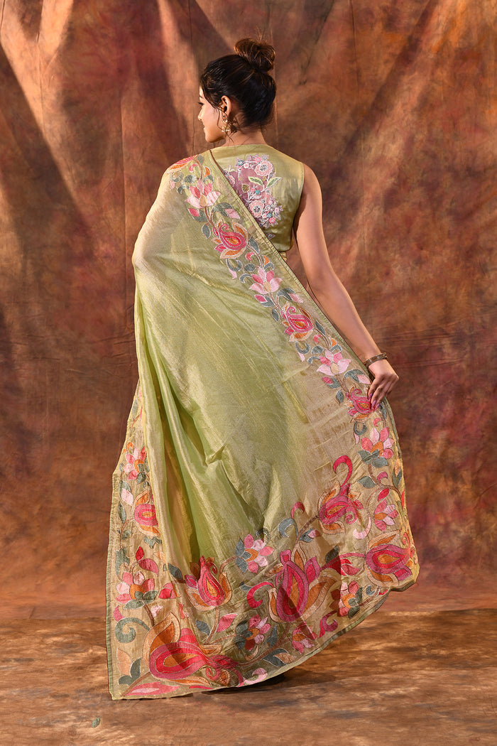 Soft Green Floral Embroidered Tissue Silk Saree