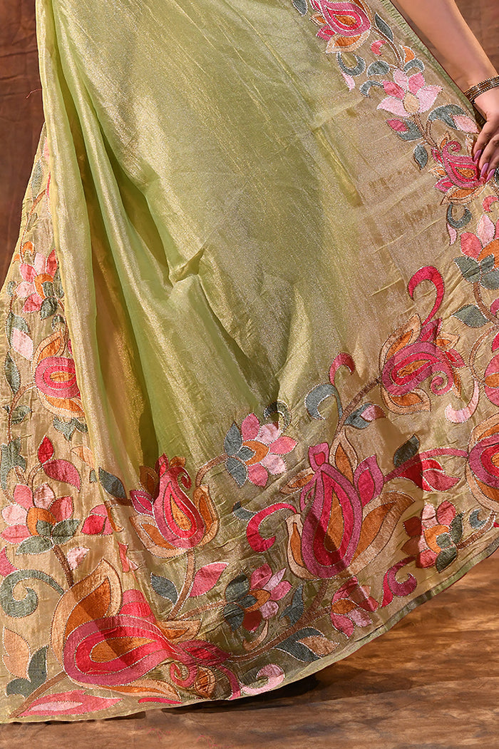 Soft Green Floral Embroidered Tissue Silk Saree