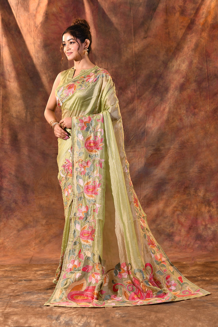 Soft Green Floral Embroidered Tissue Silk Saree
