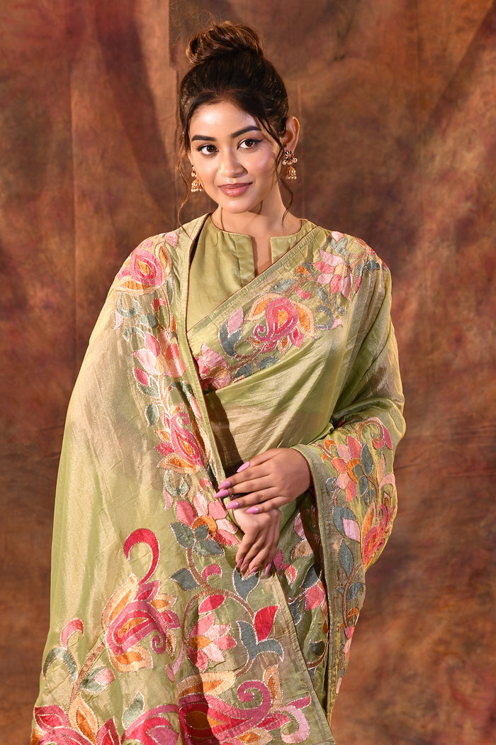 Soft Green Floral Embroidered Tissue Silk Saree