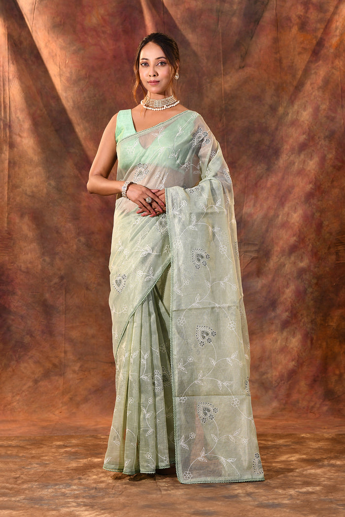 Soft Green Floral Tissue Organza Saree