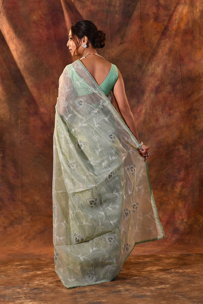 Soft Green Floral Tissue Organza Saree