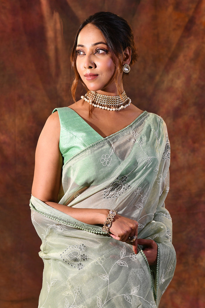 Soft Green Floral Tissue Organza Saree