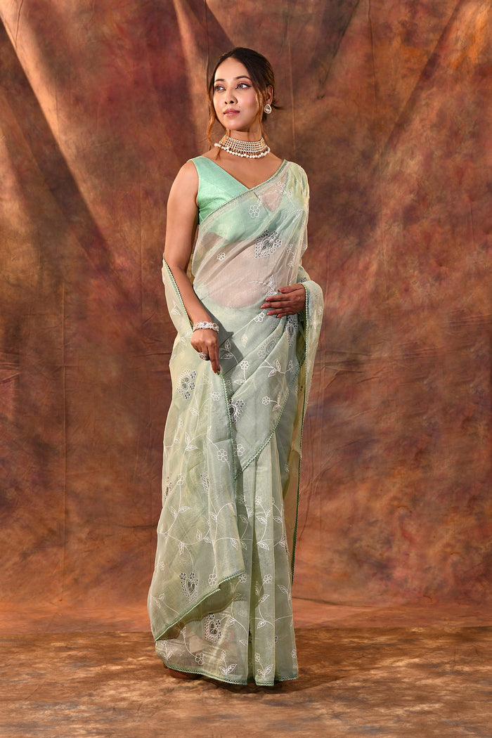 Soft Green Floral Tissue Organza Saree
