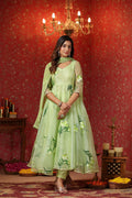 <img> Soft Green Organza Floral Printed Anarkali Set