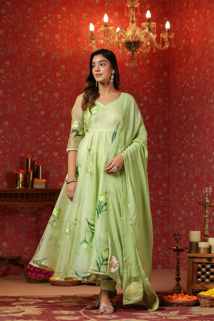 <img> Soft Green Organza Floral Printed Anarkali Set