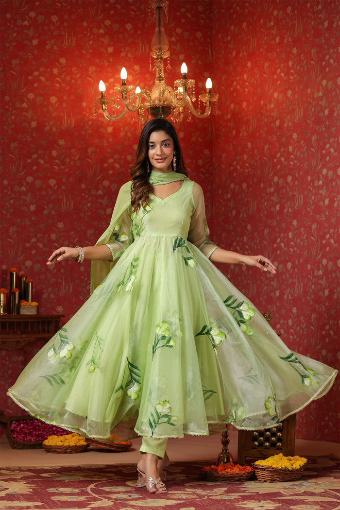 <img> Soft Green Organza Floral Printed Anarkali Set