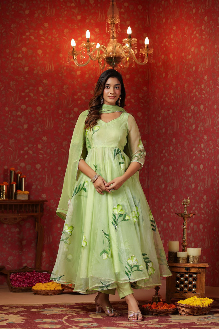 <img> Soft Green Organza Floral Printed Anarkali Set