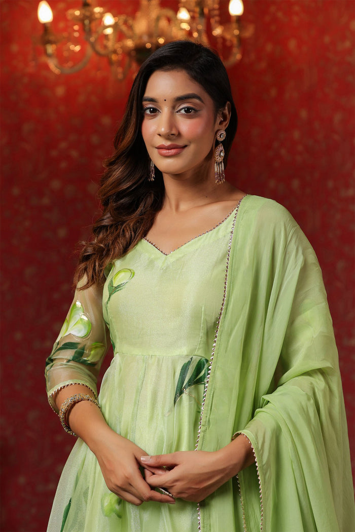 <img> Soft Green Organza Floral Printed Anarkali Set