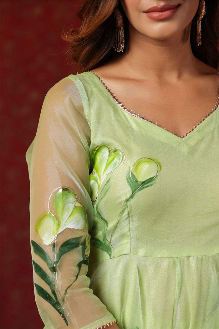 <img> Soft Green Organza Floral Printed Anarkali Set
