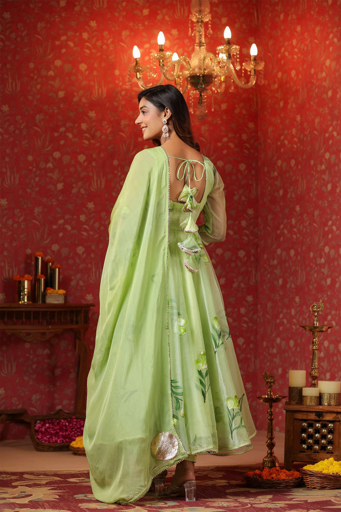 <img> Soft Green Organza Floral Printed Anarkali Set