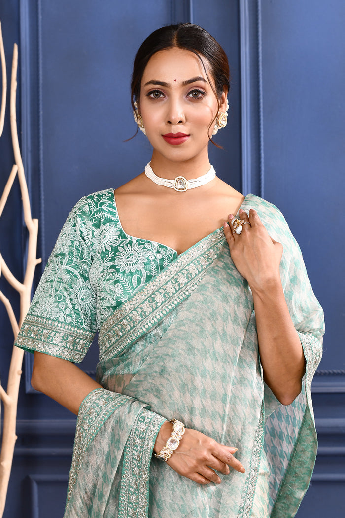 Soft Green Printed Tissue Saree