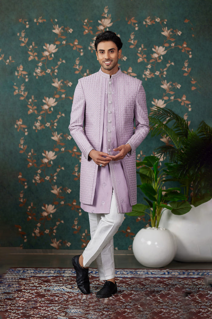 Soft Lavender Art Silk Three Piece Sherwani Set