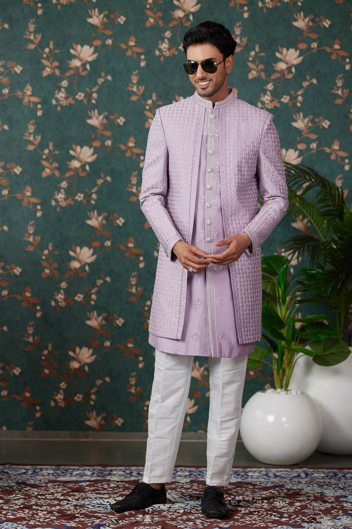 Soft Lavender Art Silk Three Piece Sherwani Set