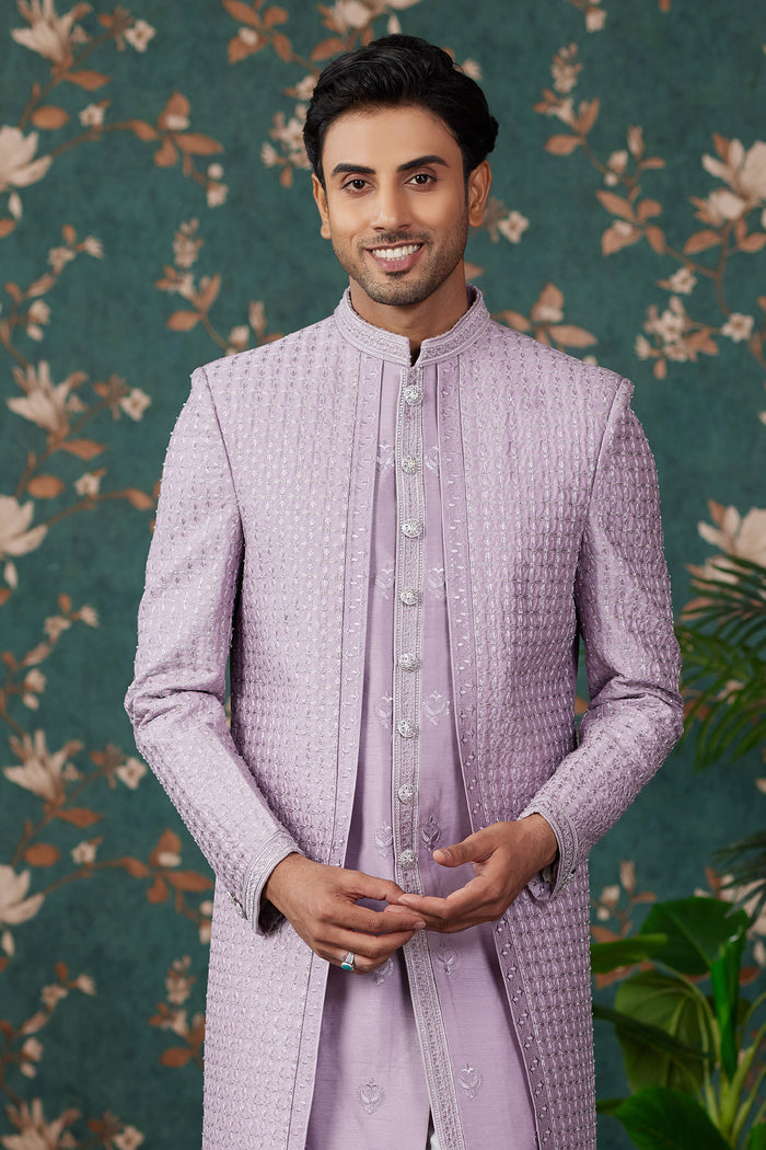 Soft Lavender Art Silk Three Piece Sherwani Set