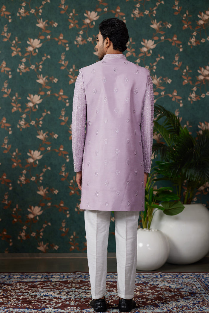 Soft Lavender Art Silk Three Piece Sherwani Set