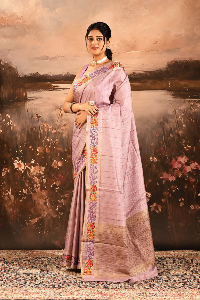 Soft Lavender Dotted Weave With Floral Leaf Border Designer Saree