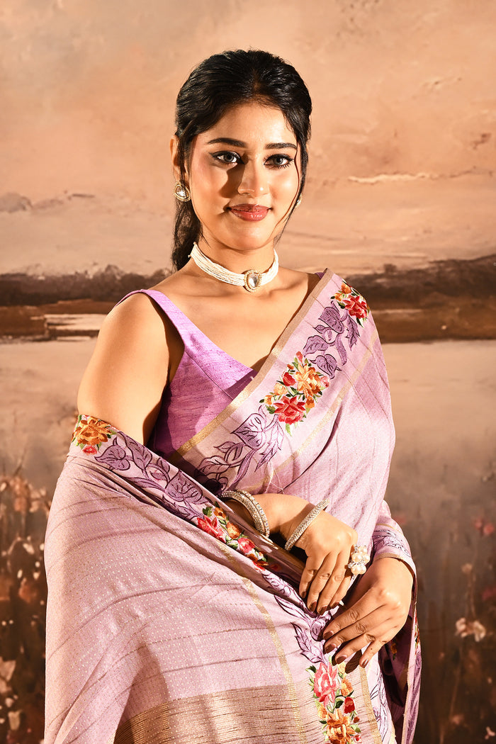 Soft Lavender Dotted Weave With Floral Leaf Border Designer Saree