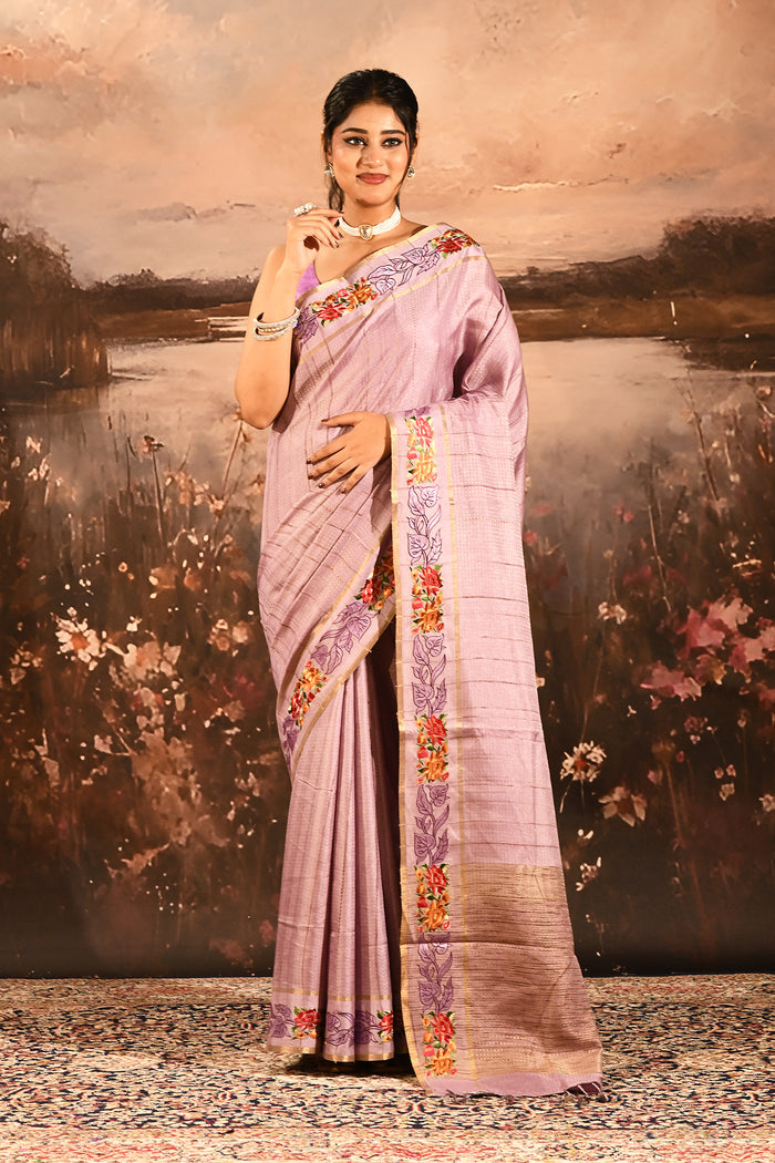 Soft Lavender Dotted Weave With Floral Leaf Border Designer Saree