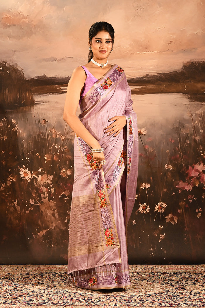 Soft Lavender Dotted Weave With Floral Leaf Border Designer Saree