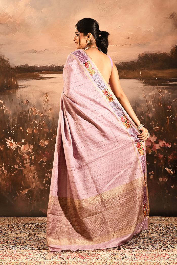 Soft Lavender Dotted Weave With Floral Leaf Border Designer Saree
