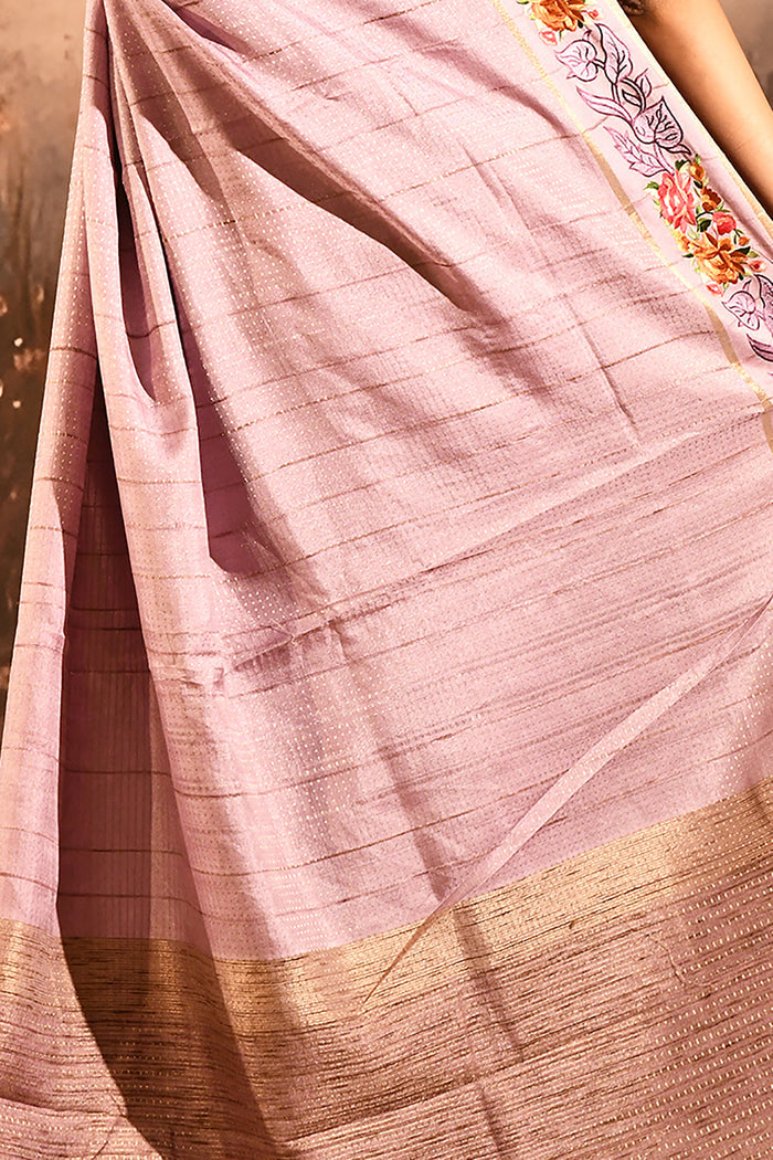 Soft Lavender Dotted Weave With Floral Leaf Border Designer Saree