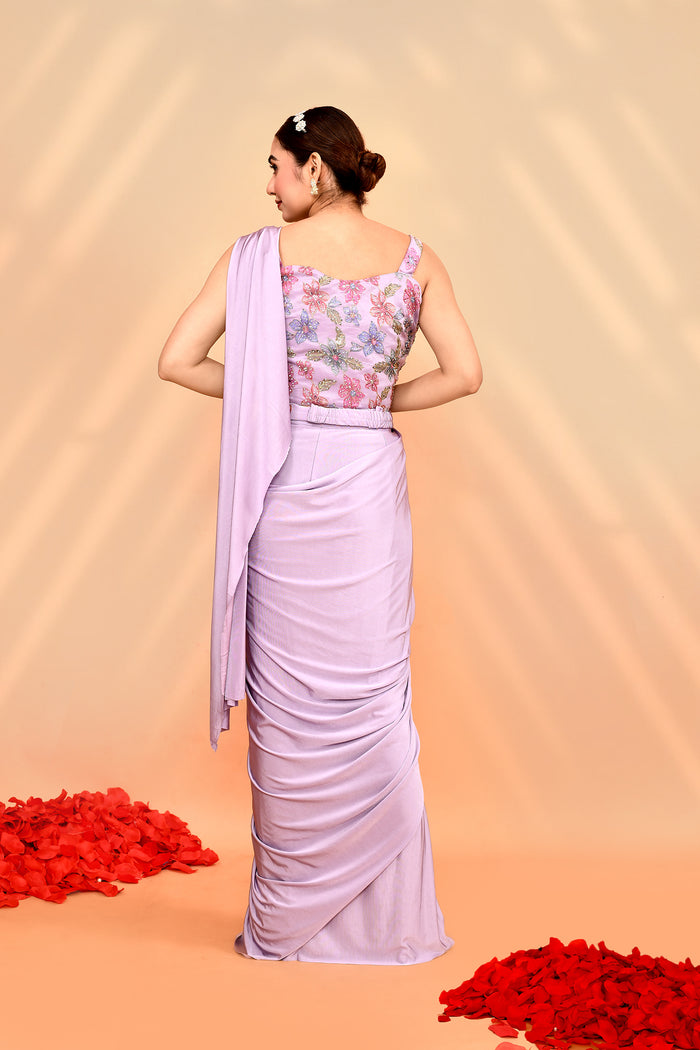 Soft Lavender Satin Silk Floral Draped Saree