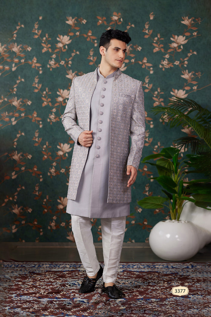 Soft Lilac Art Silk Three Piece Sherwani Set