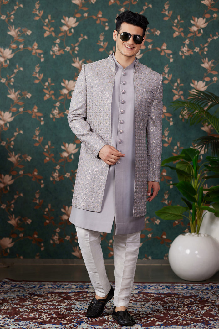 Soft Lilac Art Silk Three Piece Sherwani Set