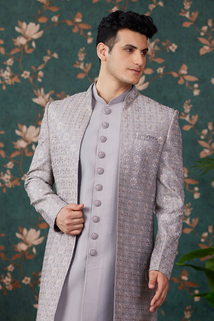 Soft Lilac Art Silk Three Piece Sherwani Set