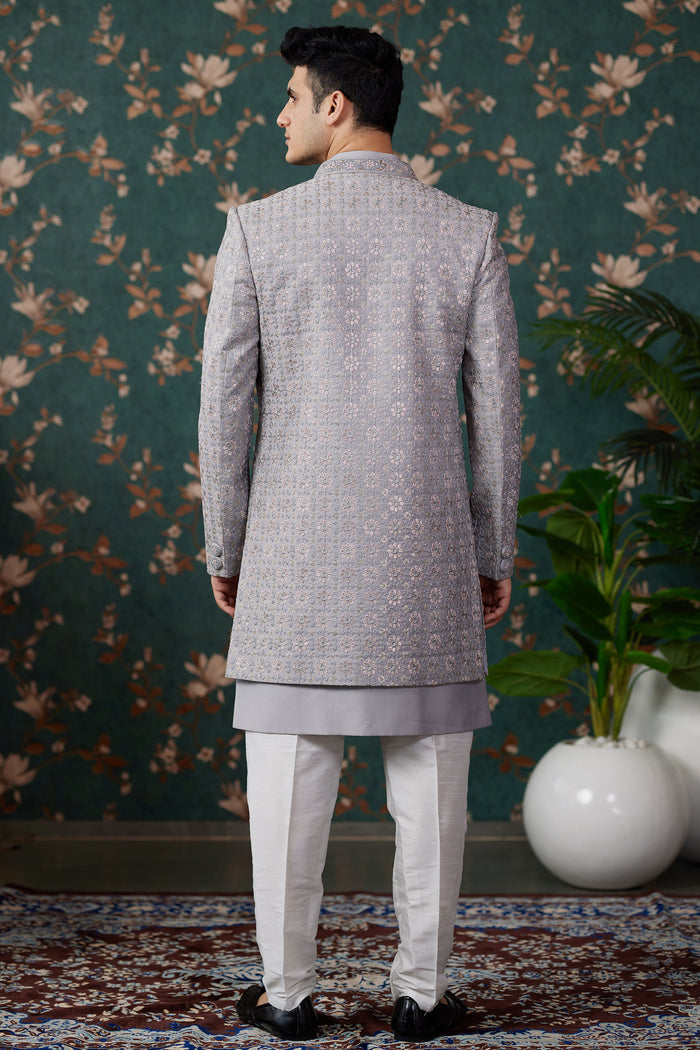 Soft Lilac Art Silk Three Piece Sherwani Set