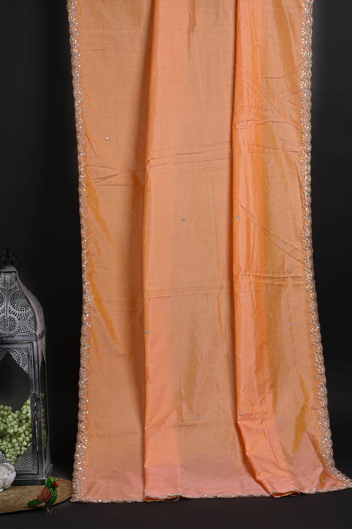 Soft Orange Floral Embroidered Silk Saree