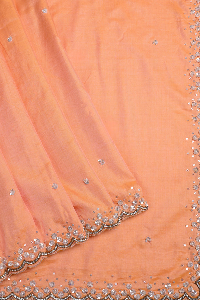 Soft Orange Floral Embroidered Silk Saree