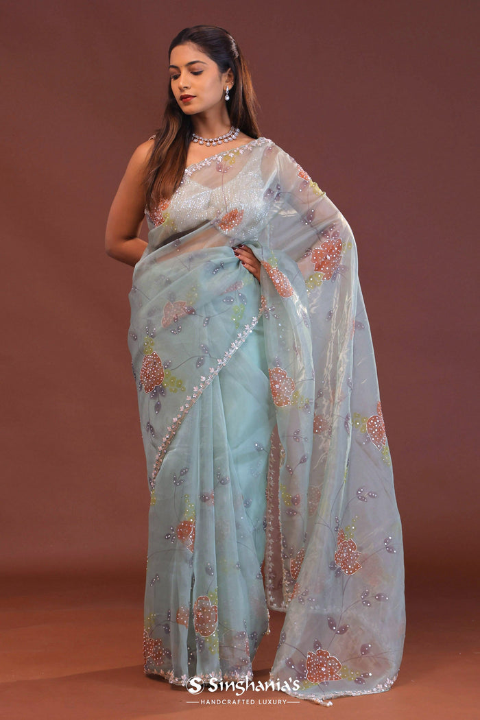 <img> Soft Pale Ice Blue Organza Saree With Scallop Border
