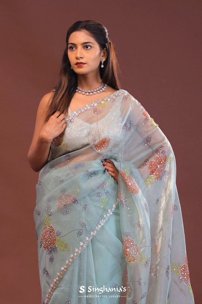 <img> Soft Pale Ice Blue Organza Saree With Scallop Border