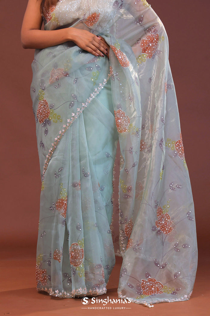 <img> Soft Pale Ice Blue Organza Saree With Scallop Border