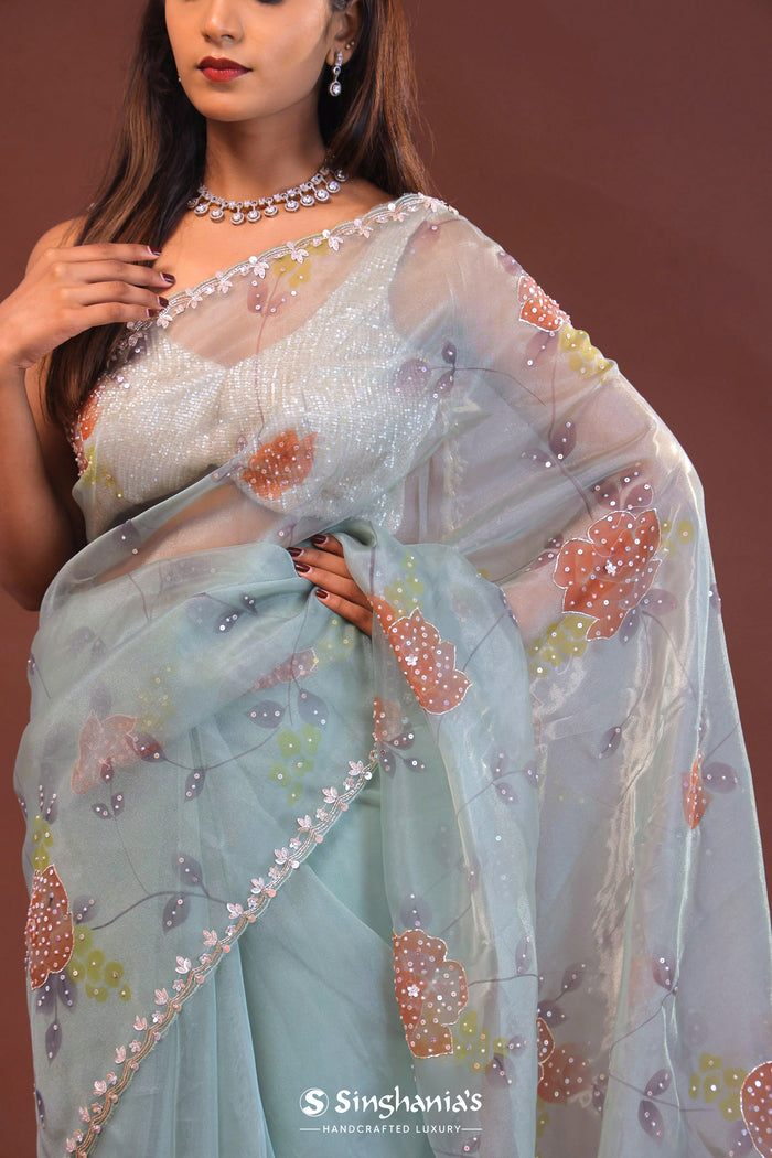 <img> Soft Pale Ice Blue Organza Saree With Scallop Border