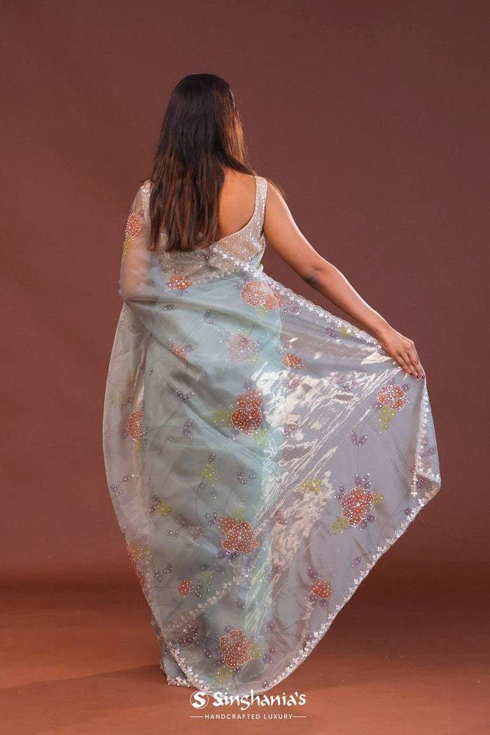 <img> Soft Pale Ice Blue Organza Saree With Scallop Border