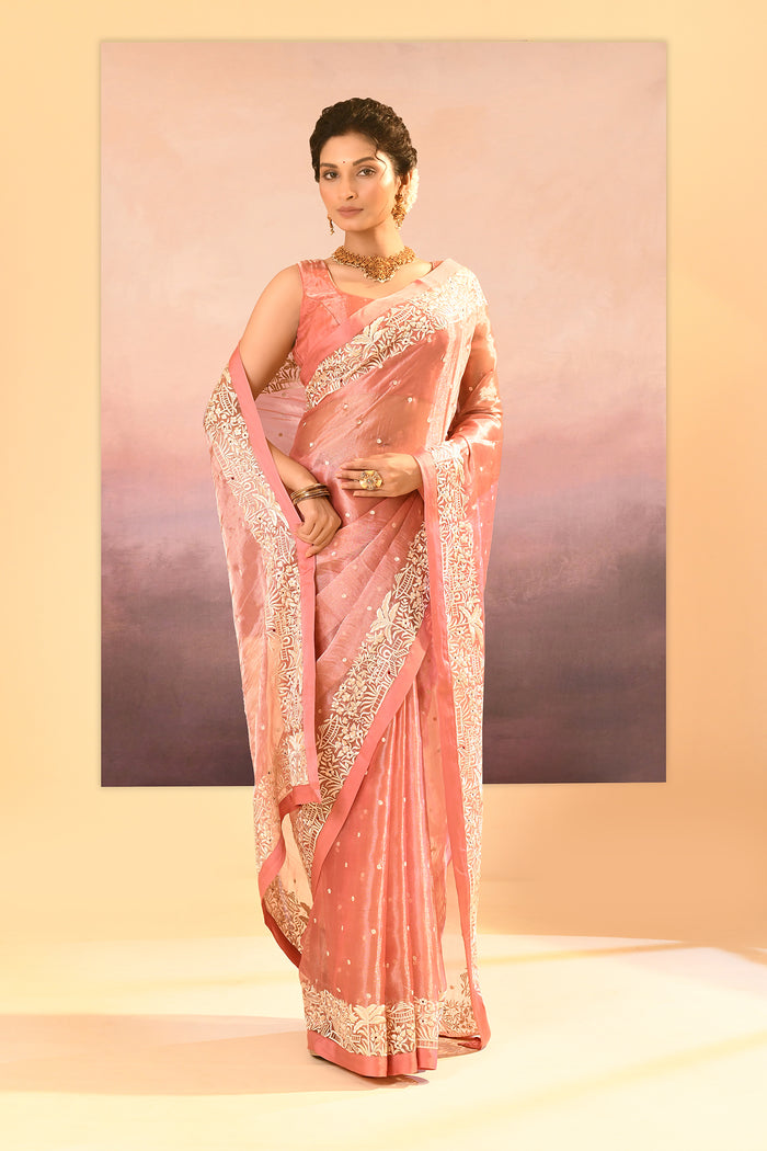 Soft Peach Tissue Embroidered Saree
