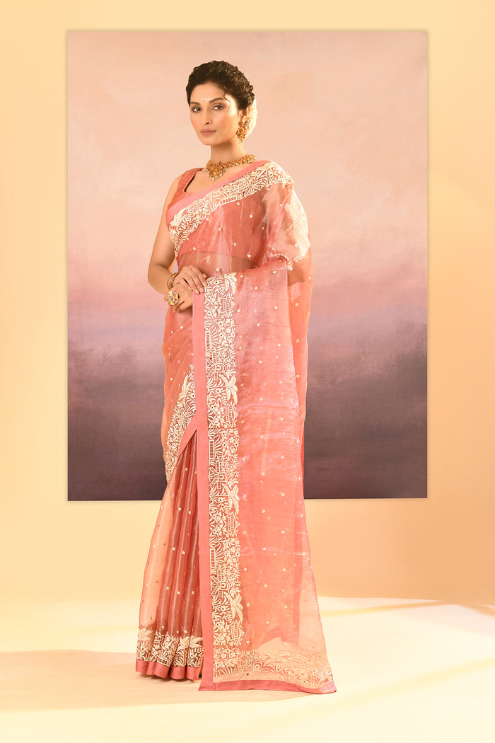 Soft Peach Tissue Embroidered Saree