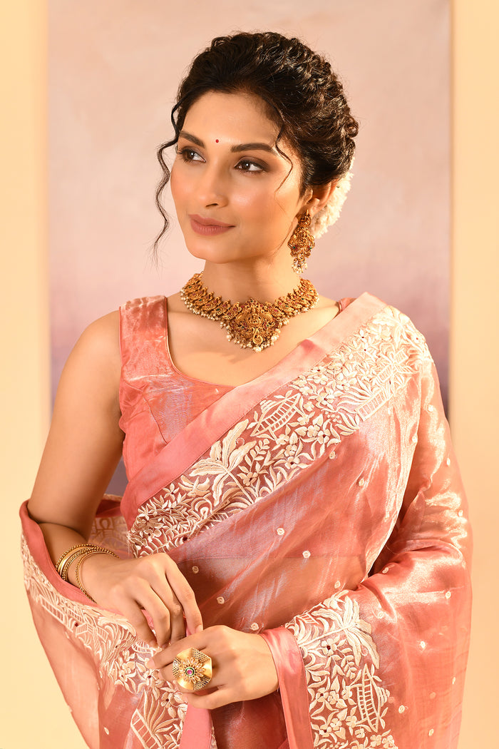 Soft Peach Tissue Embroidered Saree