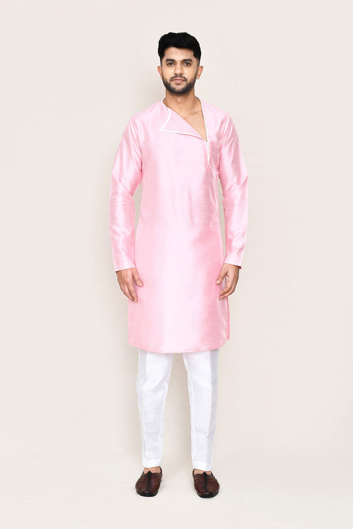 Soft Pink Art Silk Kurta Set With Designer Neck