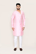 Soft Pink Art Silk Kurta Set With Designer Neck