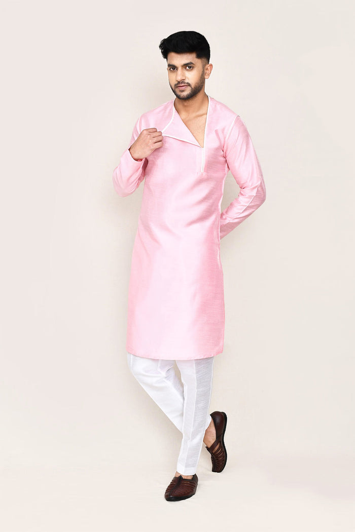 Soft Pink Art Silk Kurta Set With Designer Neck