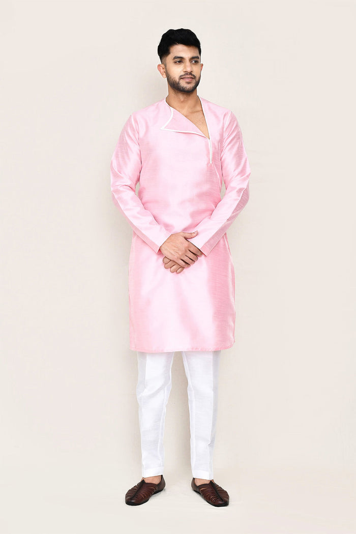 Soft Pink Art Silk Kurta Set With Designer Neck