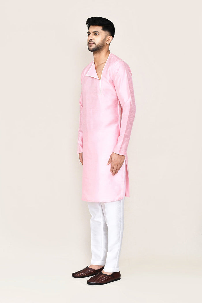 Soft Pink Art Silk Kurta Set With Designer Neck