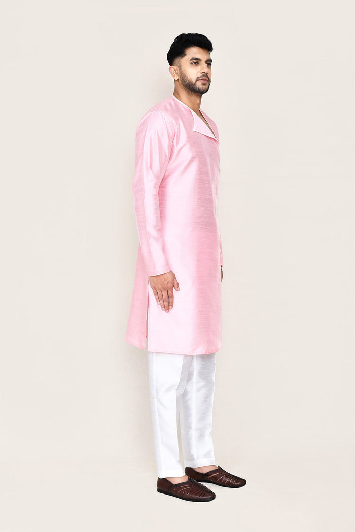 Soft Pink Art Silk Kurta Set With Designer Neck