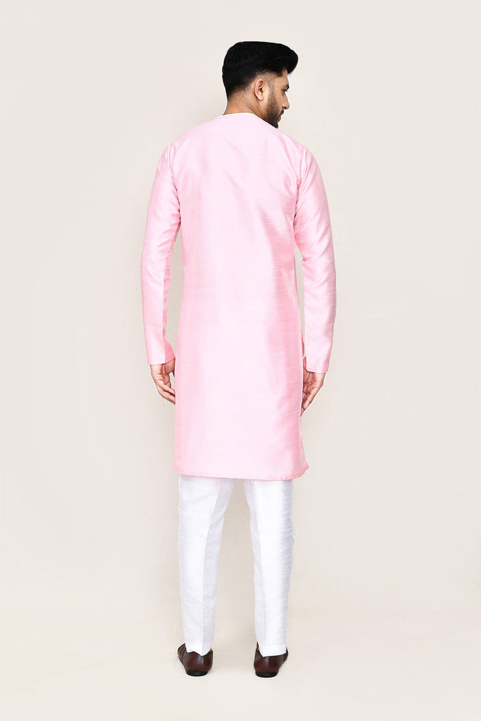 Soft Pink Art Silk Kurta Set With Designer Neck